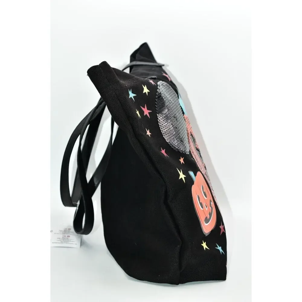 Disneyland Resort Halloween Sequin Pumpkin Mickey Mouse Open Top Tote Bag Black